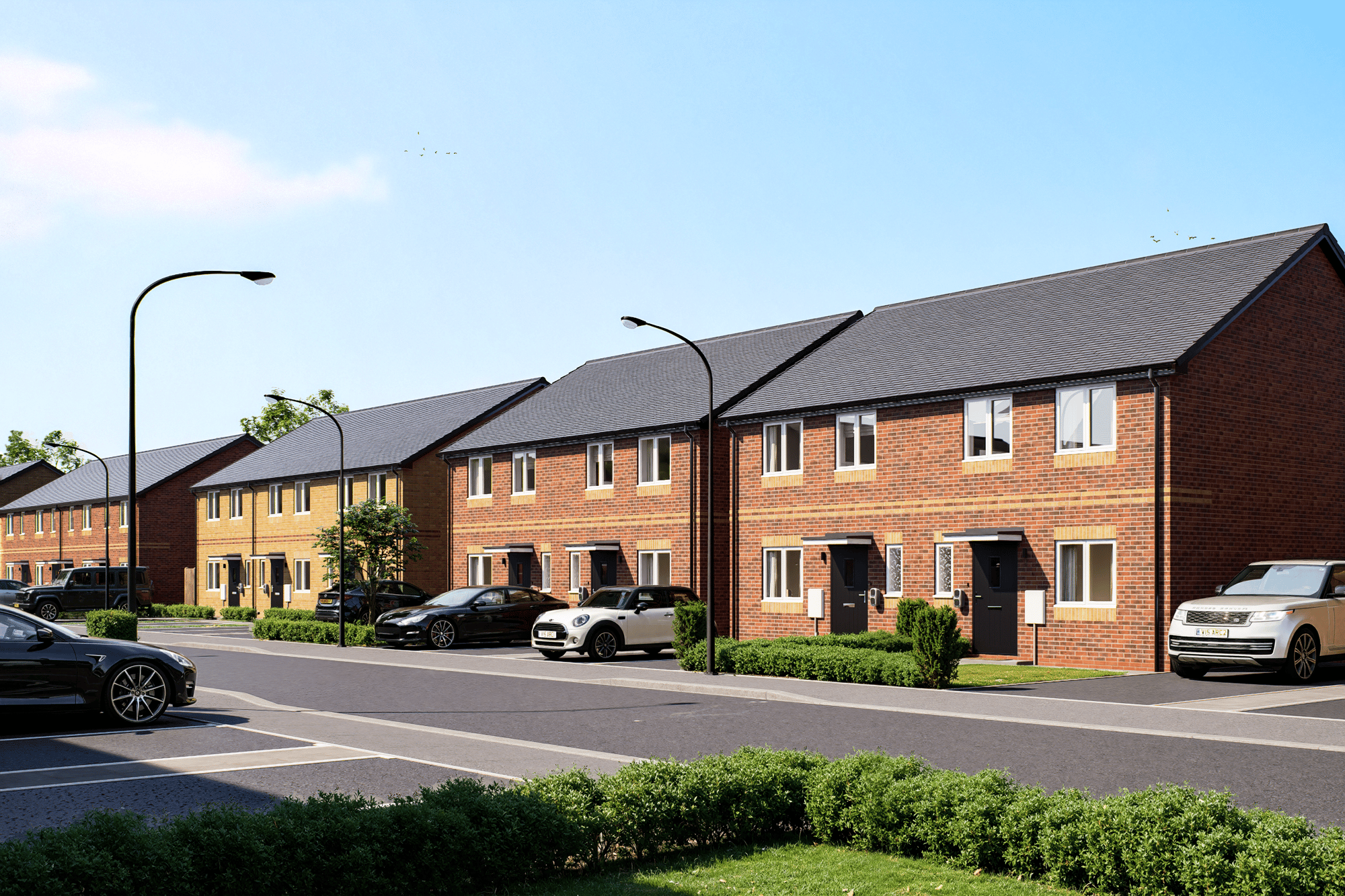 A CGI mock up of a row of houses, a mixture of red brick and yellow brick
